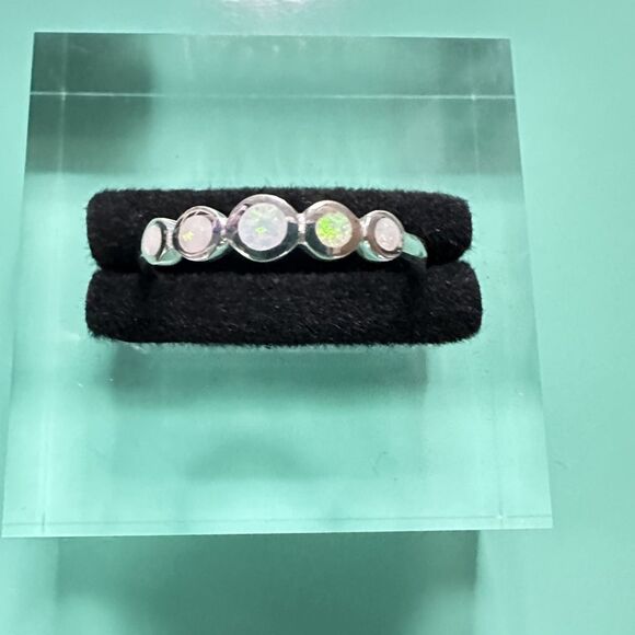 Five Stone Bezel Set Lab Created White Opal Stackable Ring 925 Sterling Silver - Picture 5 of 7